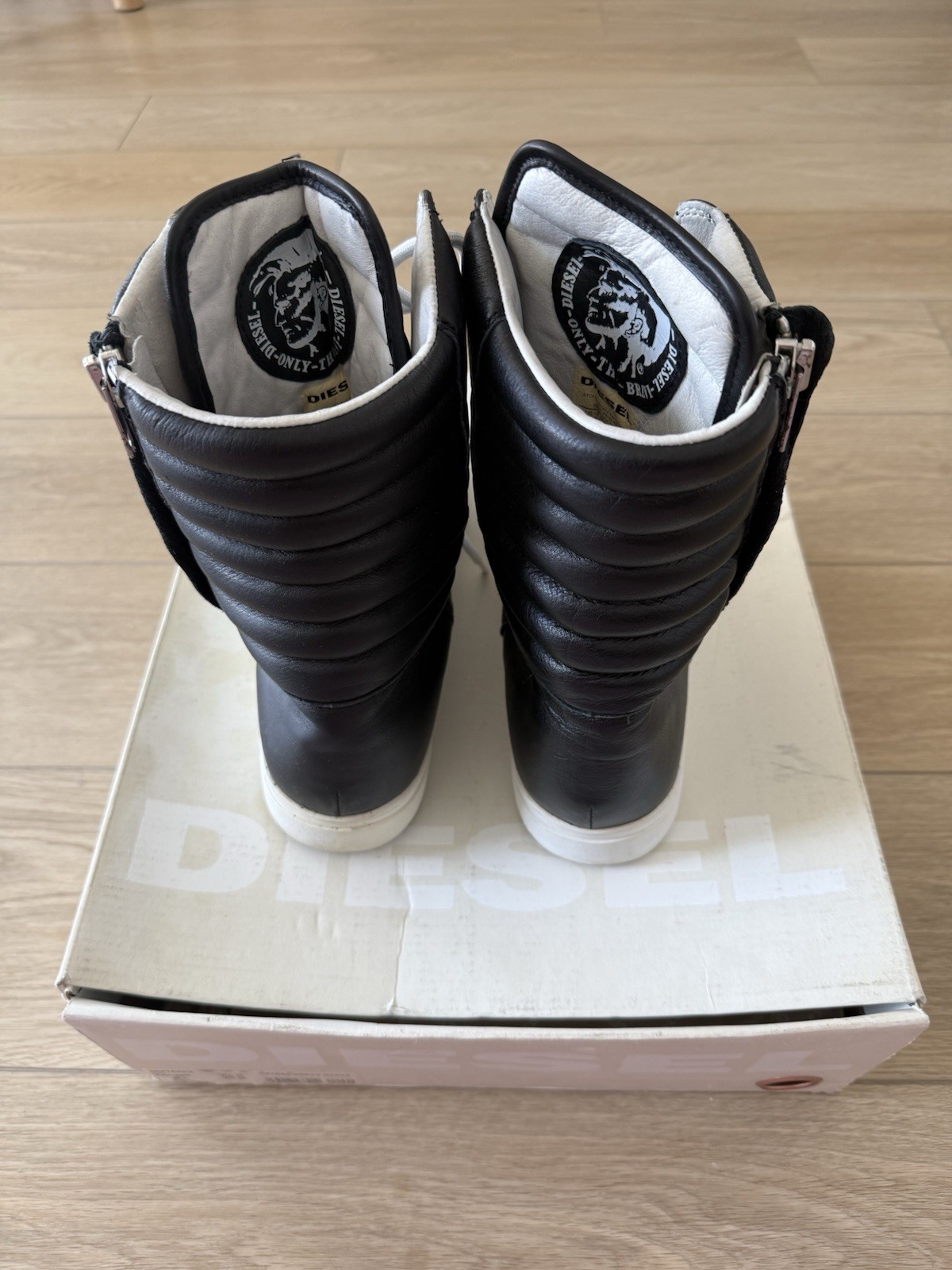 Diesel Softrock Men’s High Top Boots Black White Leather Zipper Lace Up US 10