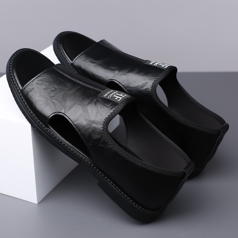 Men’s Open Toe Slip-On Sandals, PU Leather, Comfort Casual Summer Slide Shoes