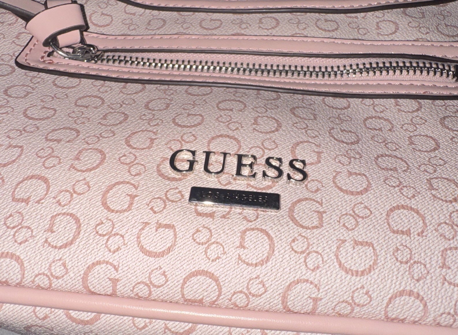 GUESS Pink Logo Crescent Shoulder Bag Small Zip Studded Detachable Strap