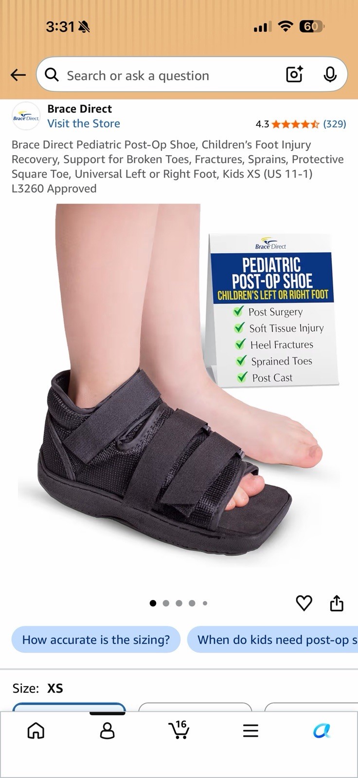 Brace Direct Pediatric Post-Op Shoe XS Black Adjustable Hook & Loop Foot Support