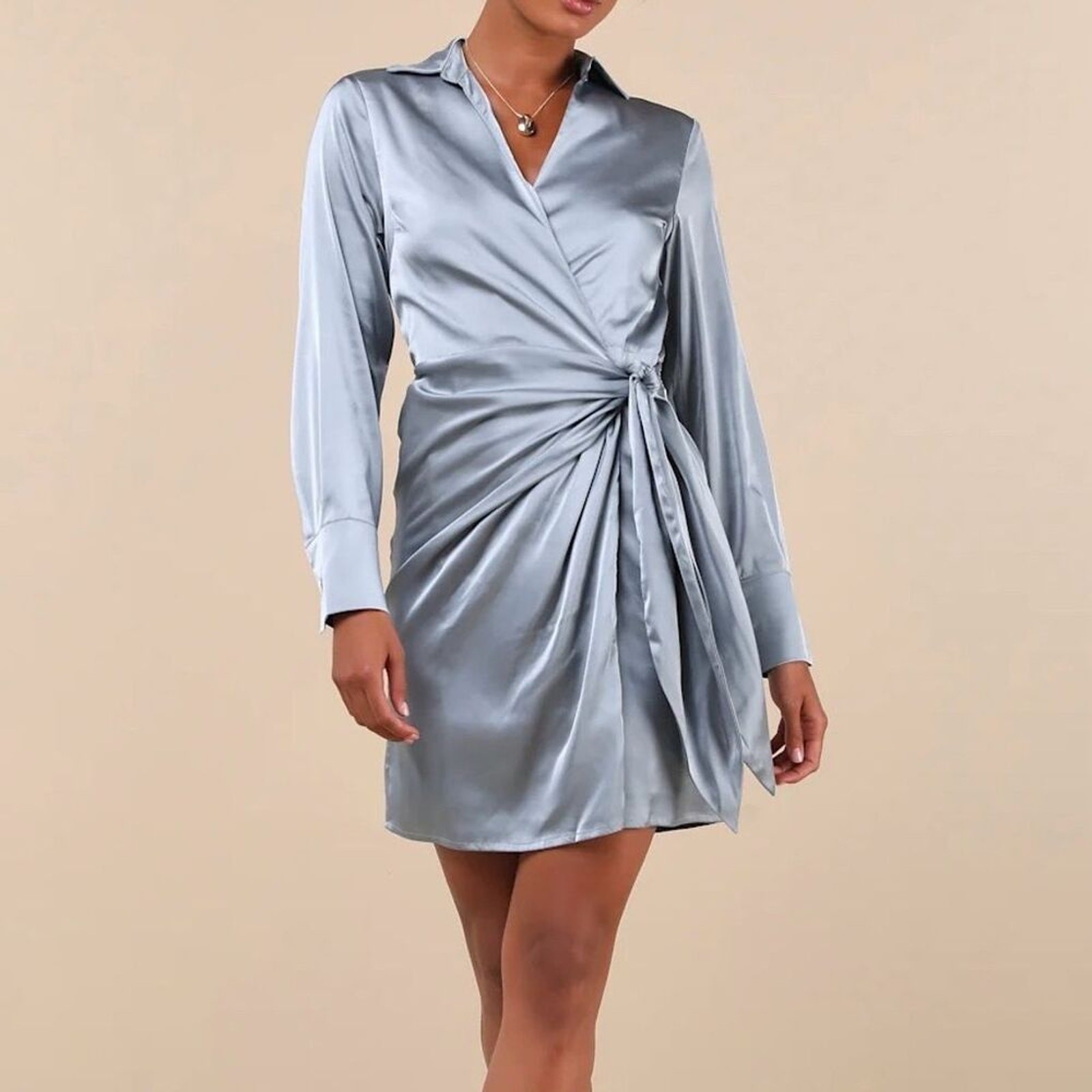 NWOT Lulus Women’s M Painterly Perfection Slate Blue Satin Wrap Mini Dress Party