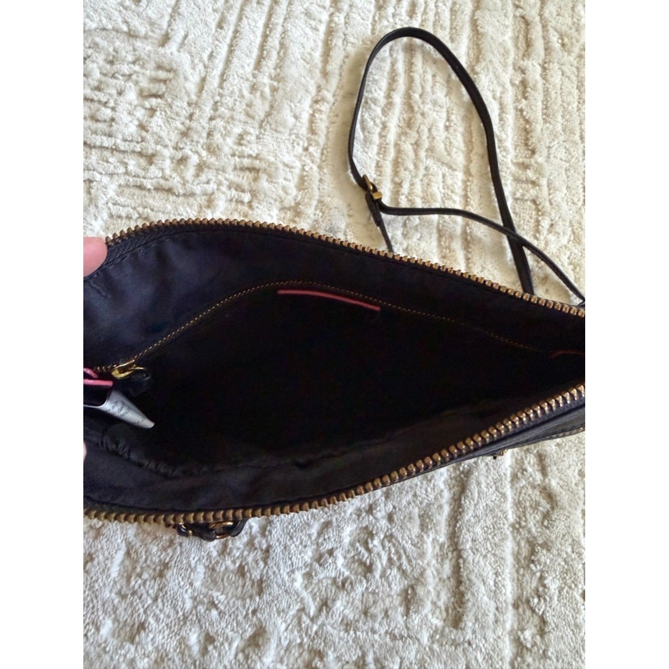 Elliott Lucca Black Leather Crossbody Bag Woven Texture Gold Hardware Multi Zip