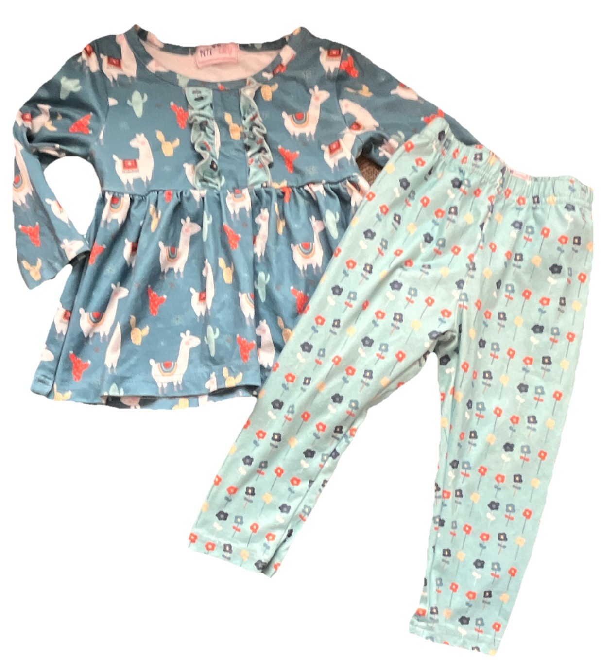 Pete + Lucy Girls 2-Piece Outfit Set 0-6M Blue Llama Top & Pants, Ruffle