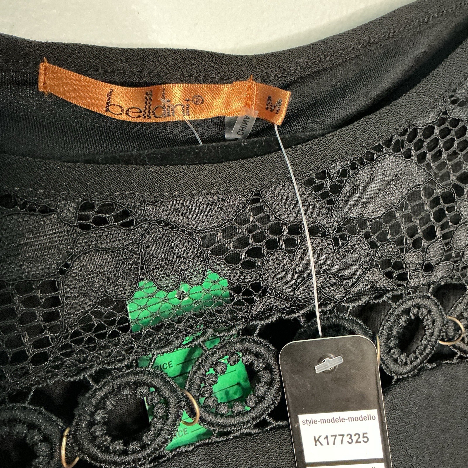 NWT Bellini Women’s M Black Solid Scoop Neck Lace Yoke Ruffle Bell Sleeve Blouse