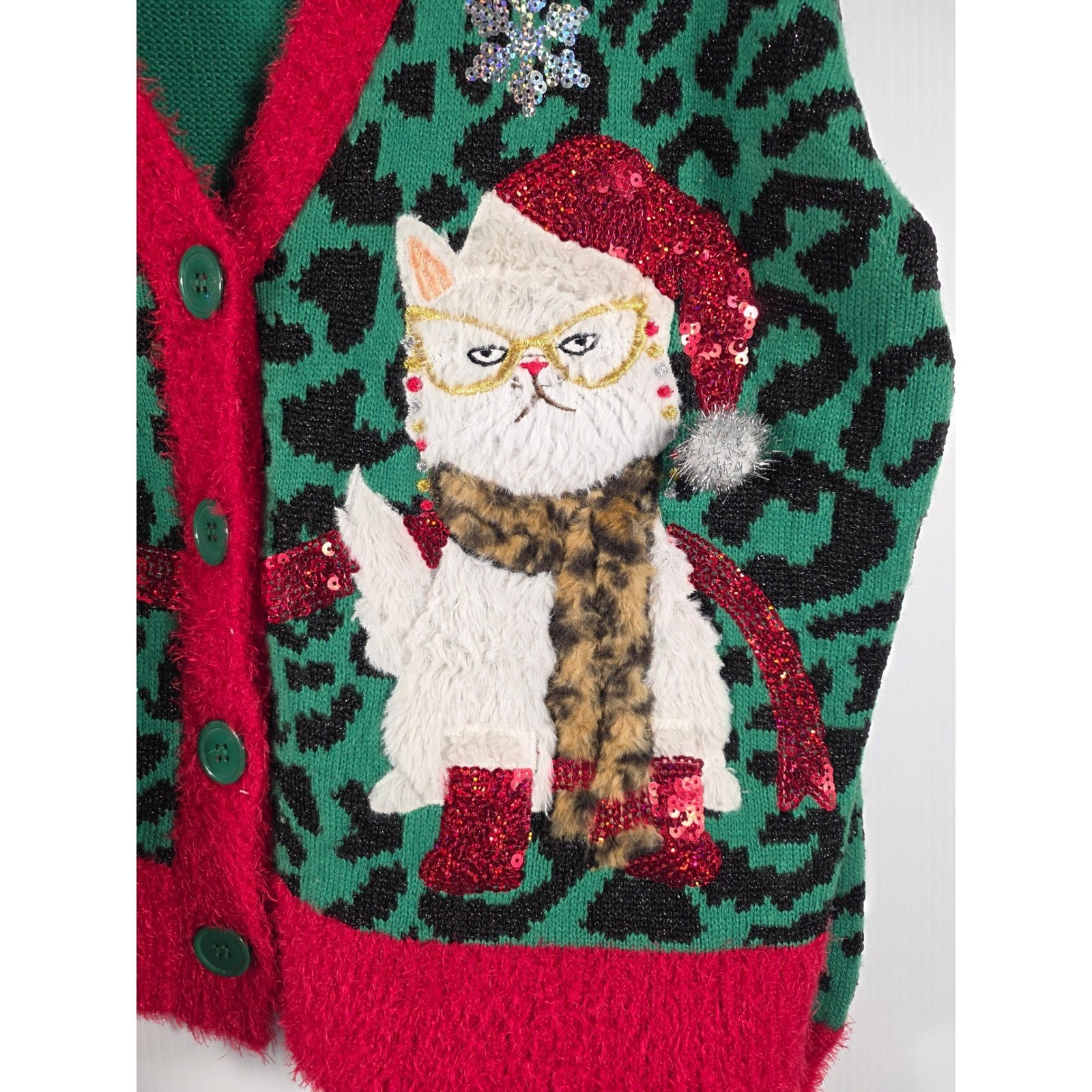 33 Degrees Womens Green Leopard Print Grumpy Cat Ugly Christmas Cardigan XL
