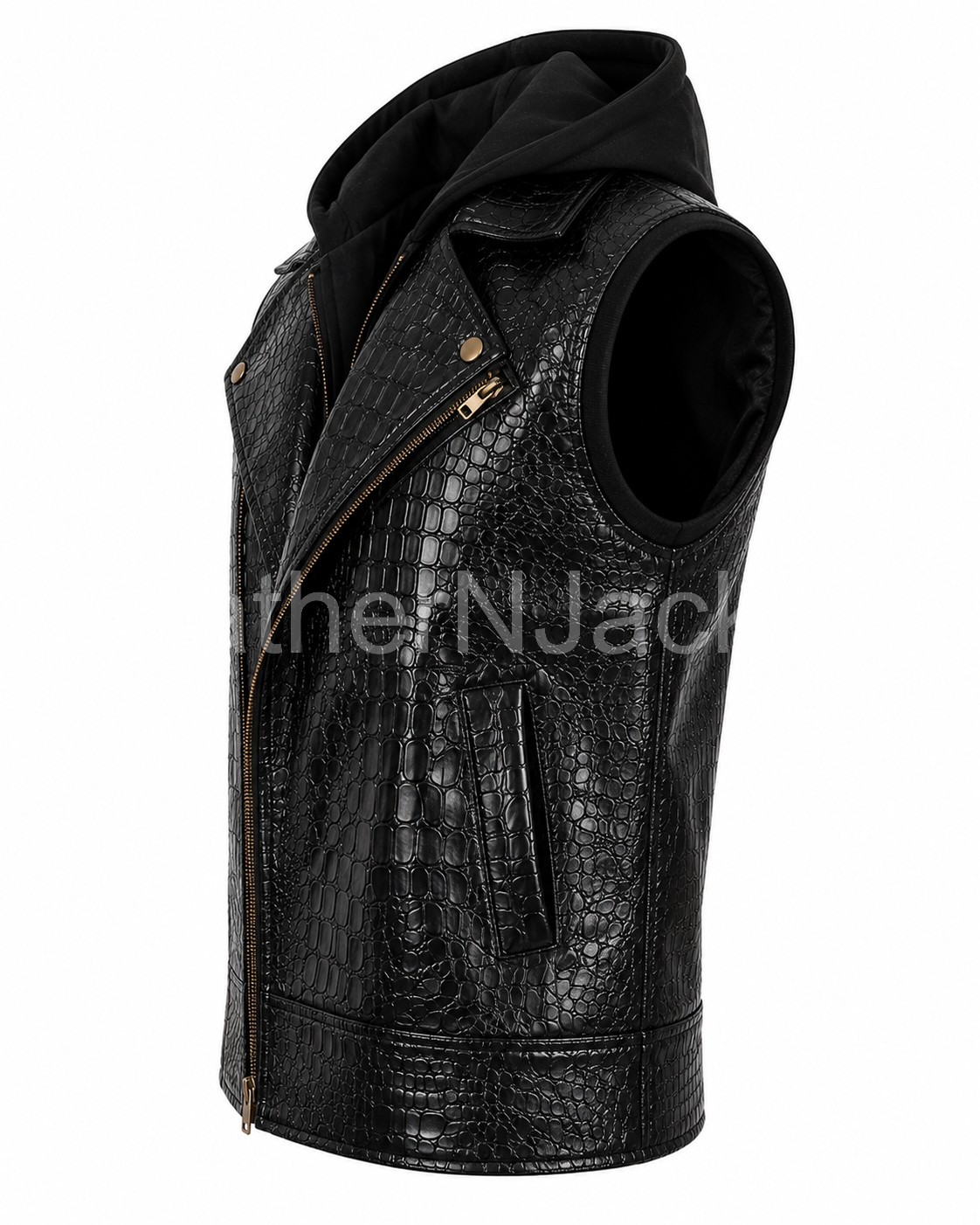 AJ Styles WWE Crocodile Textured Black Leather Hooded Wrestling Vest Jacket
