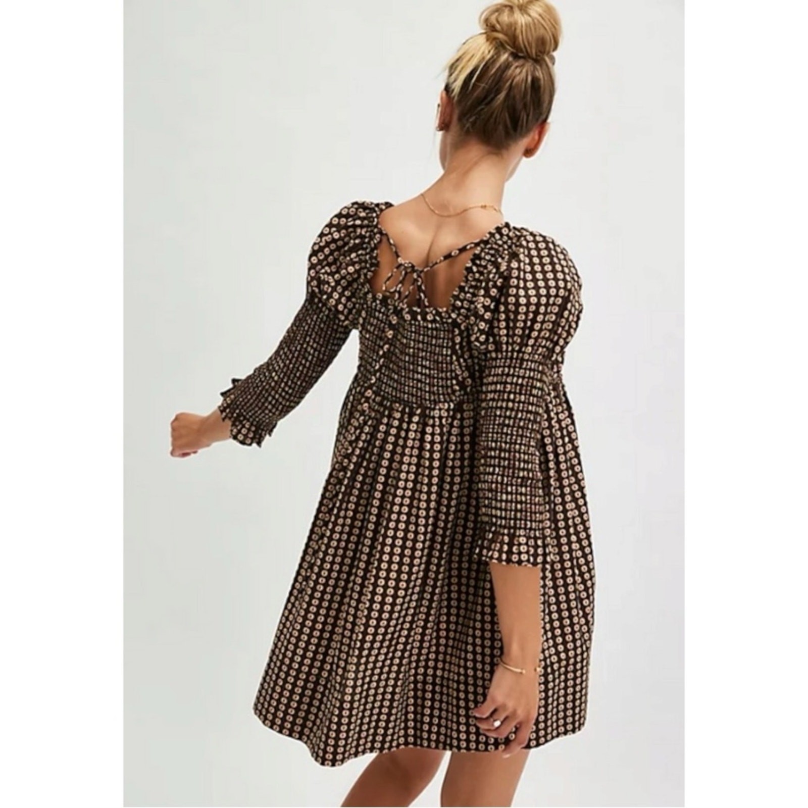 Free People Retro 70s Babydoll Star Dip Mini Dress in Black Combo Size Large