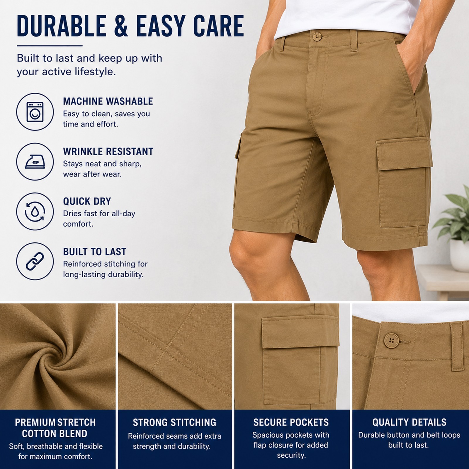 Men’s Stretch Cargo Utility Shorts with Button Closure and Zip Pockets (30-42)