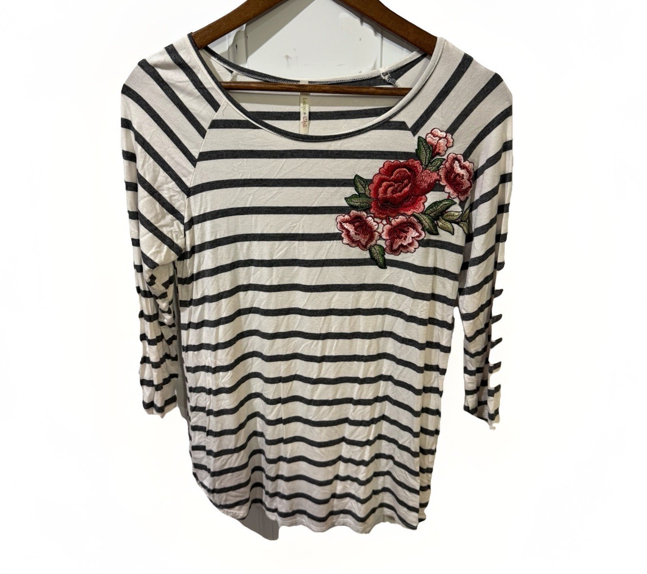 Lime N Chili Striped Shirt With Rose Embroidery 3/4 Sleeve