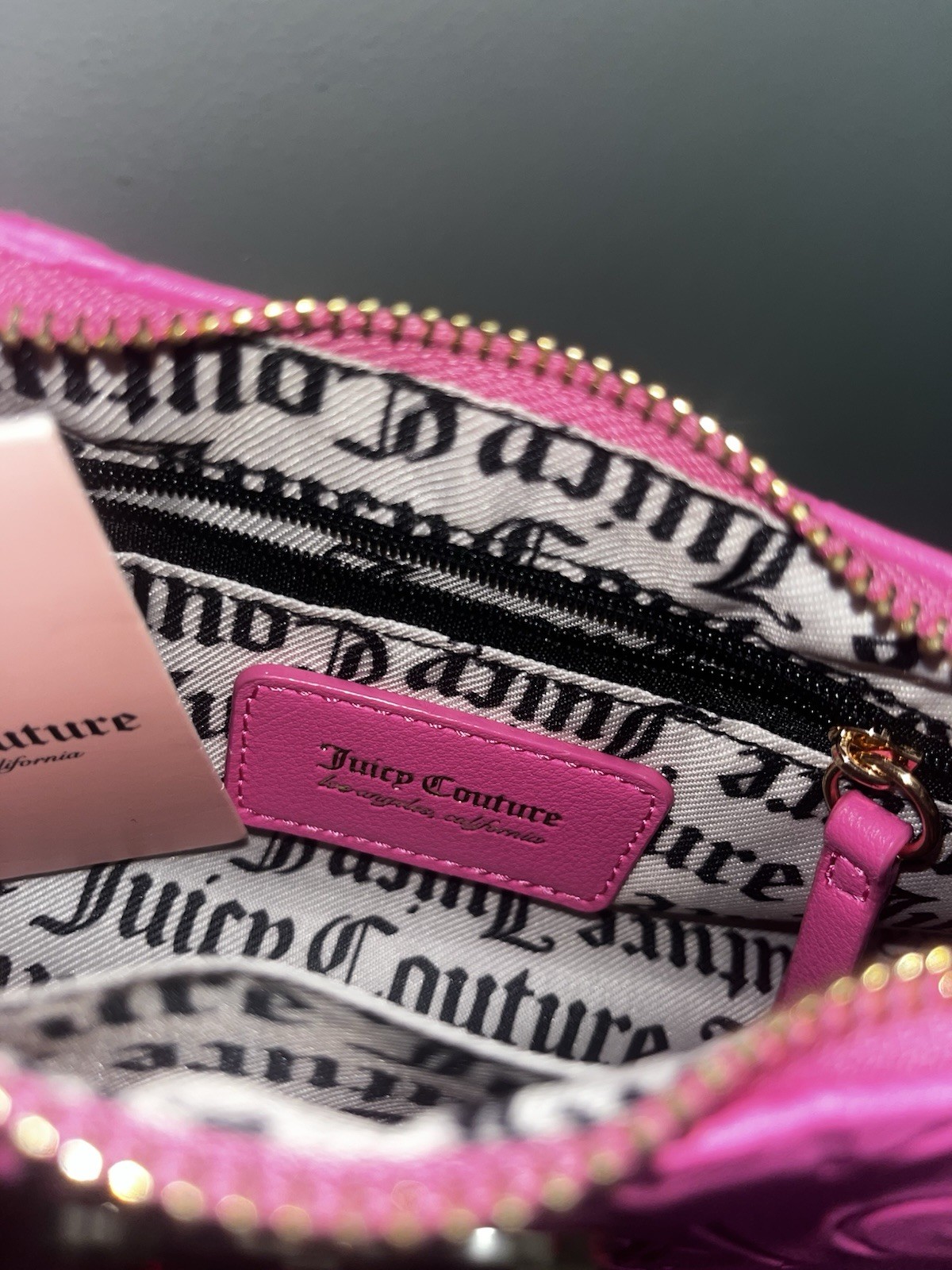 Juicy Couture Pink Embossed Logo Hobo Shoulder Bag Rhinestone Heart Charm Zip