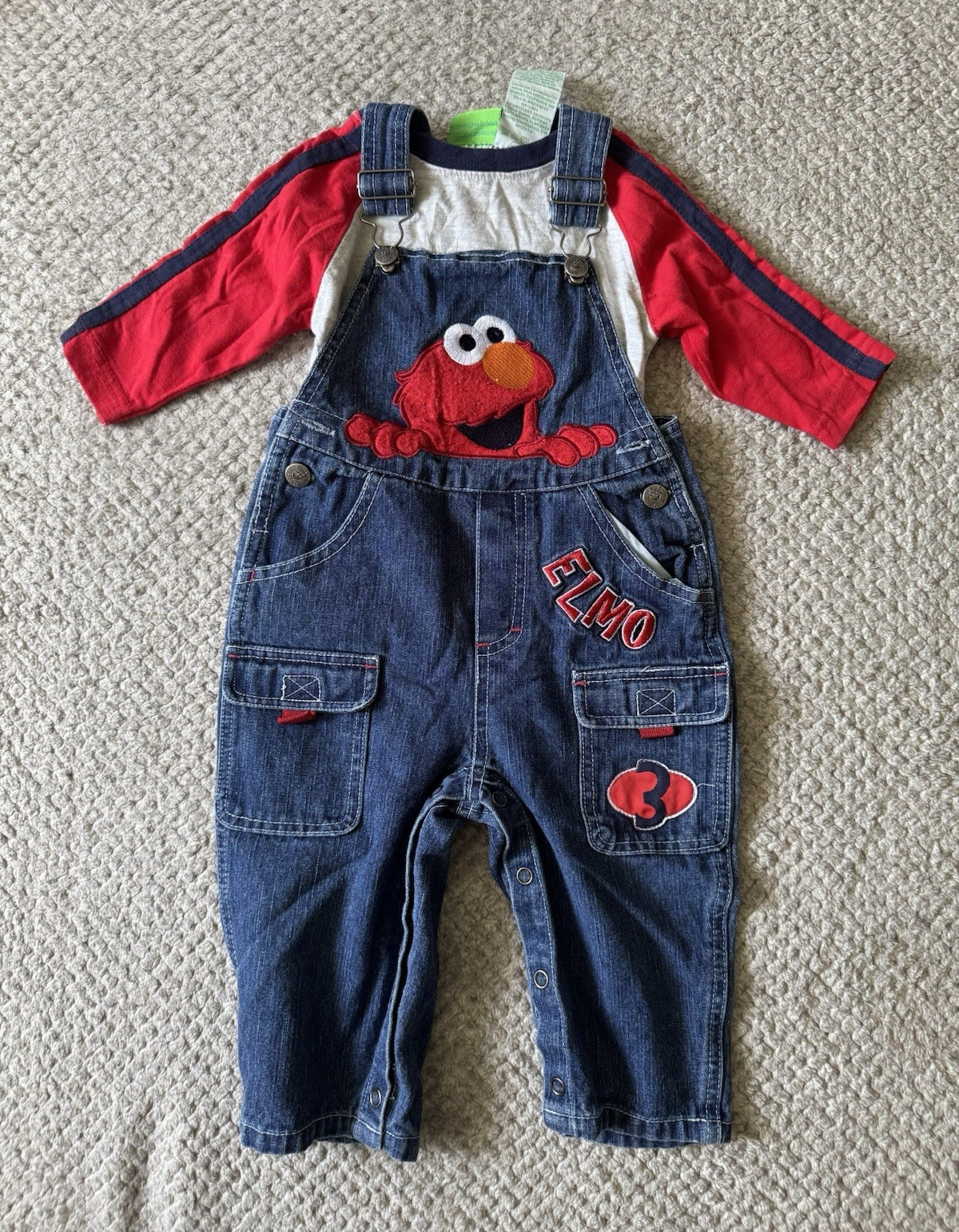 Vintage Sesame Street Elmo 12M 2pc Denim Overalls Set, Long Sleeve Shirt