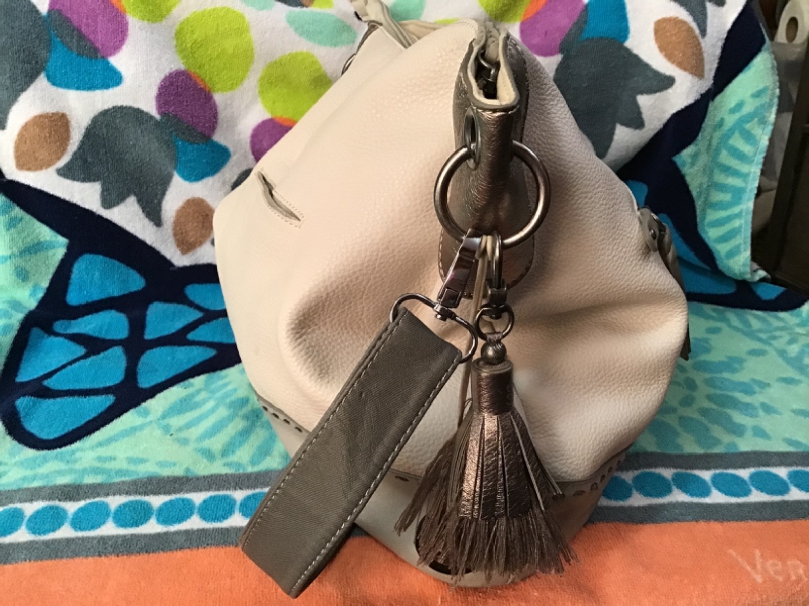 The Sak Gray, Bone & Metallic Leather Shoulder Bag or Crossbody – 14W x 11H x 4D