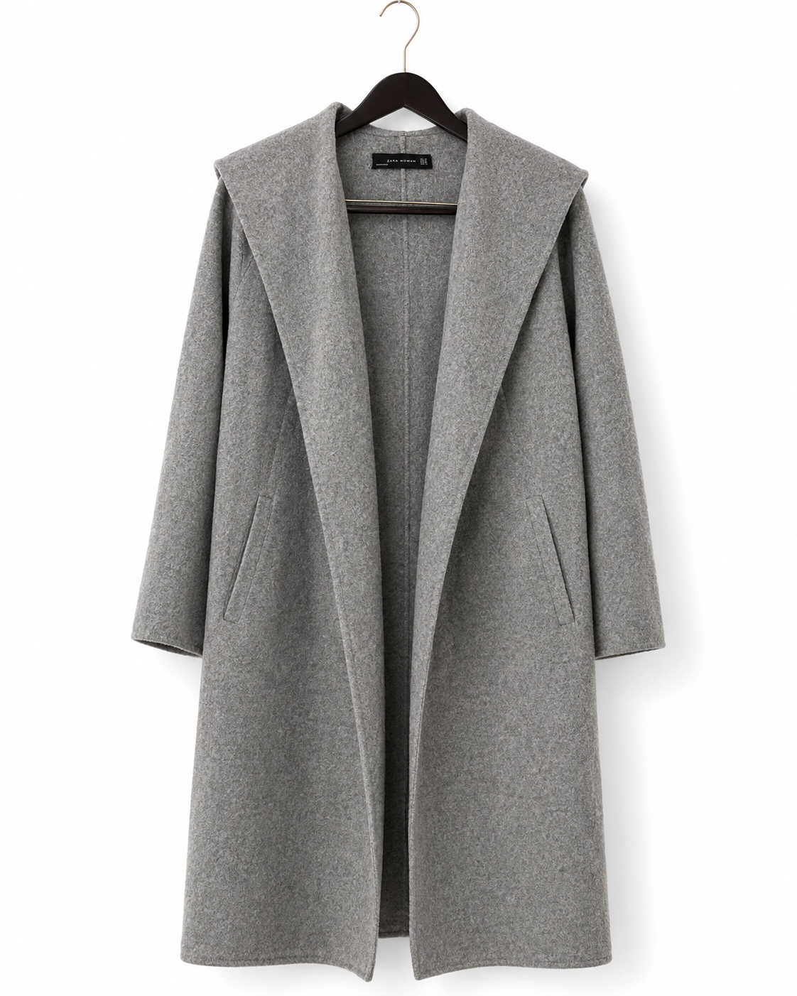 ZARA BASIC Women’s Herringbone Belted Wrap Coat w/ Hood Gray Black Size M