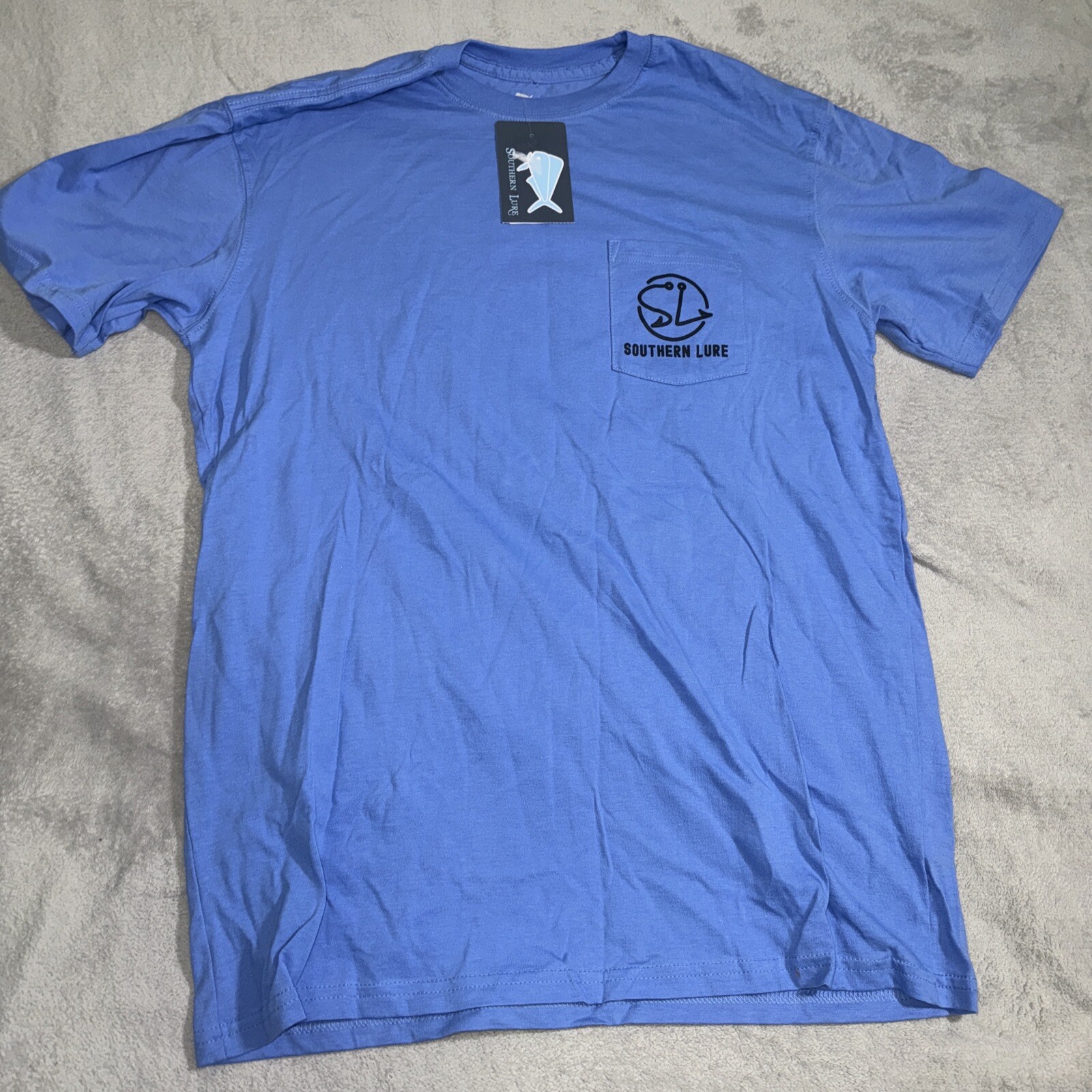 Southern Lure Shirt Men Large Blue Spell Out Short Sleeve Casual Preppy NEW