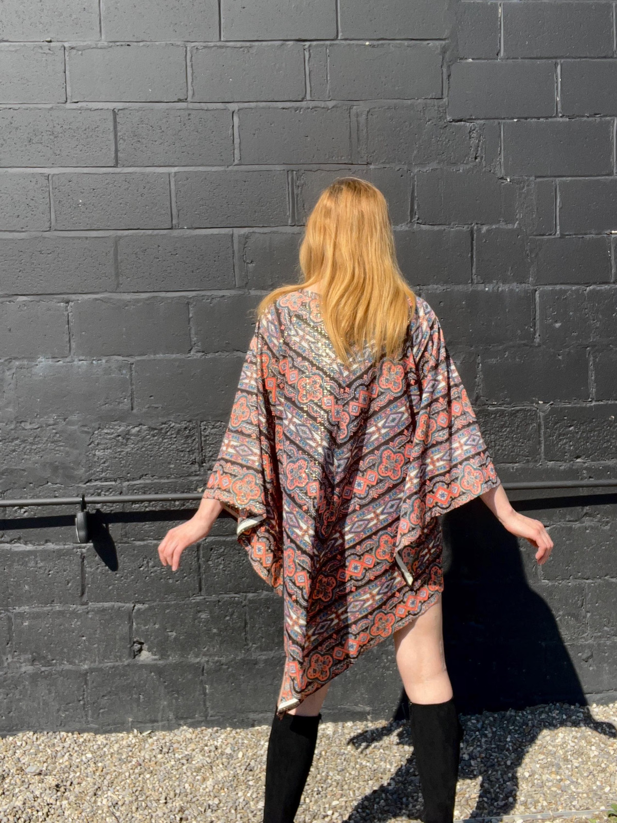 MAMA CASS Vintage 1960s Boho Metallic Angel Sleeve Dress, by Pennington’s, made