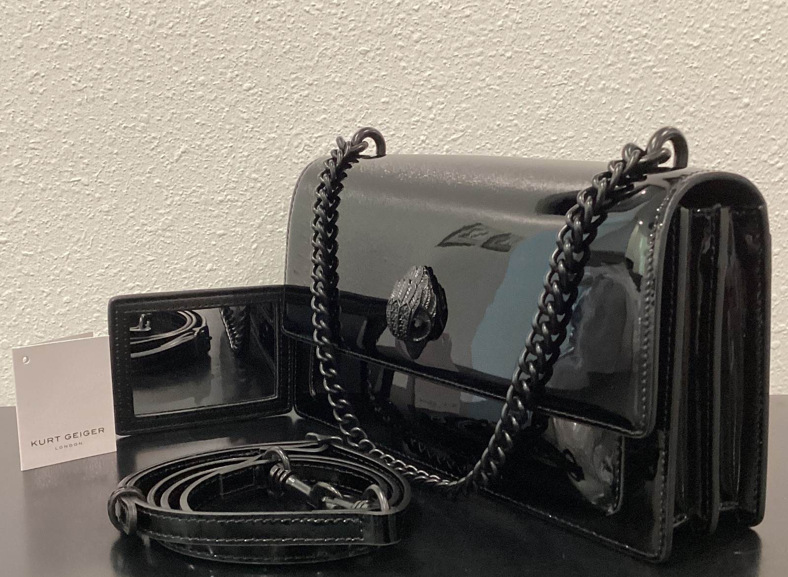 Kurt Geiger Shoreditch 10″x5″x2.75″ Black Patent Drench Leather Mirror Crossbody