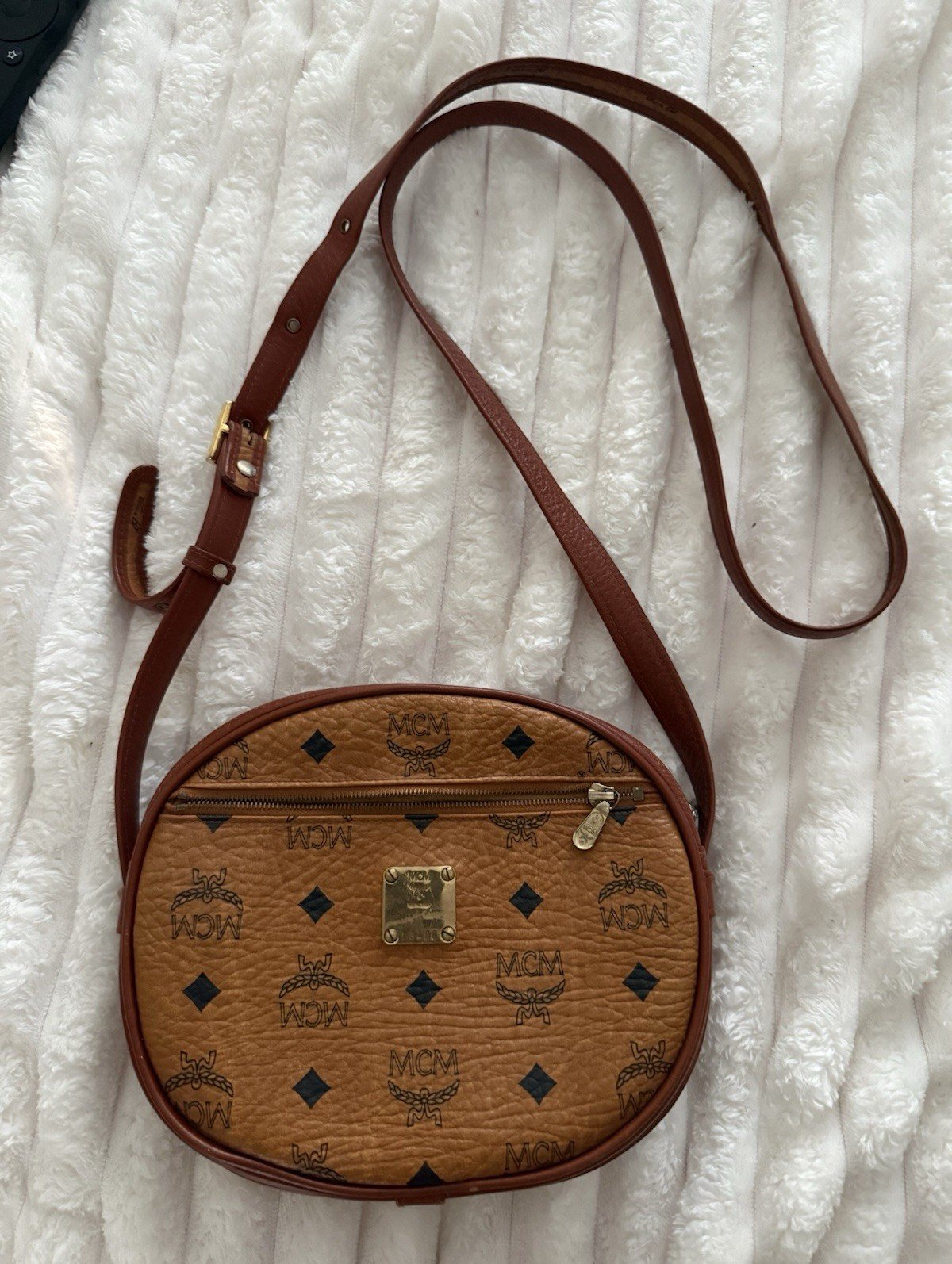 MCM Monogram Brown Oval Crossbody Bag Adjustable Strap Zip Closure Gold Hardware