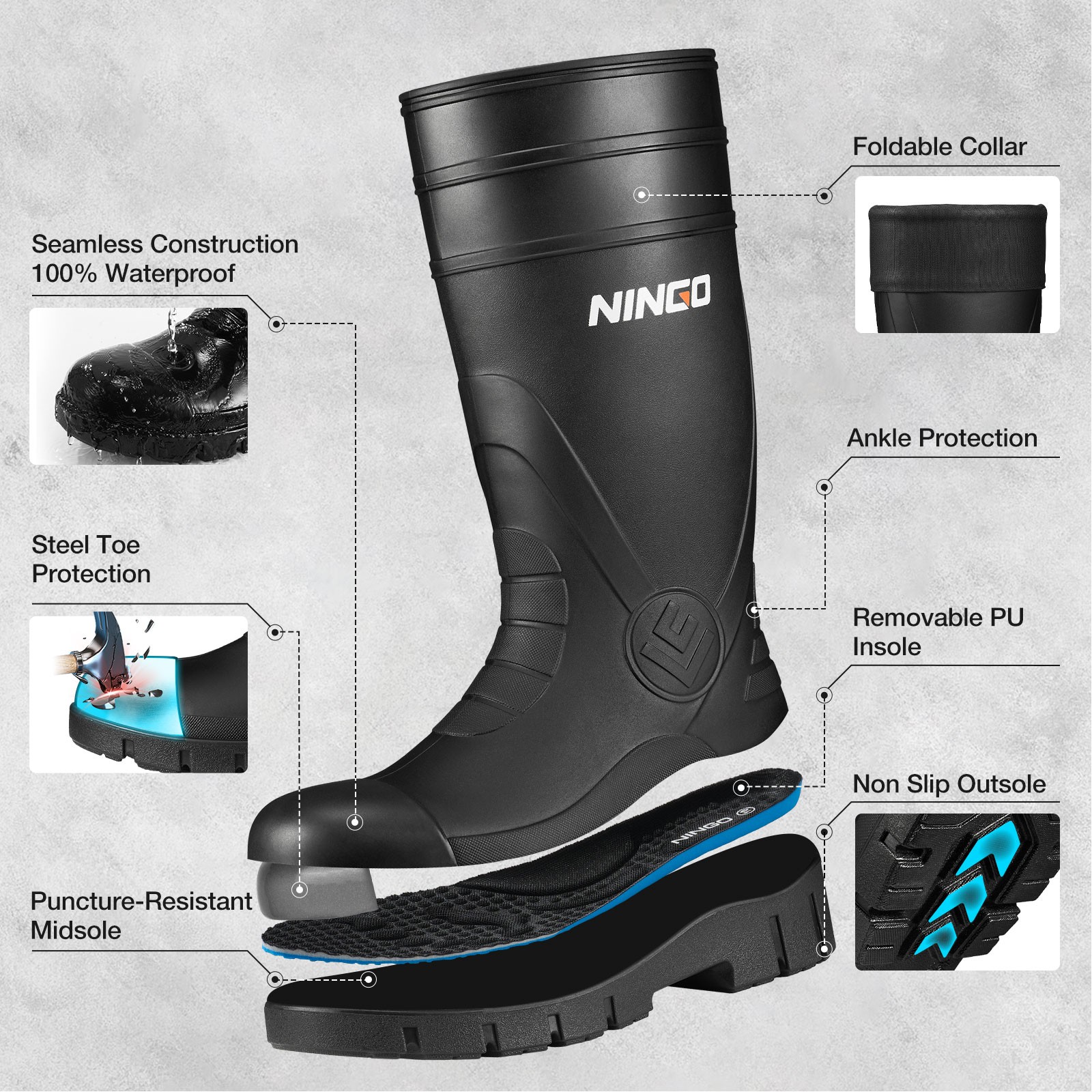 NINGO Men Steel Toe Waterproof Rain Boot Puncture & Slip Resistant Mud Work Boot