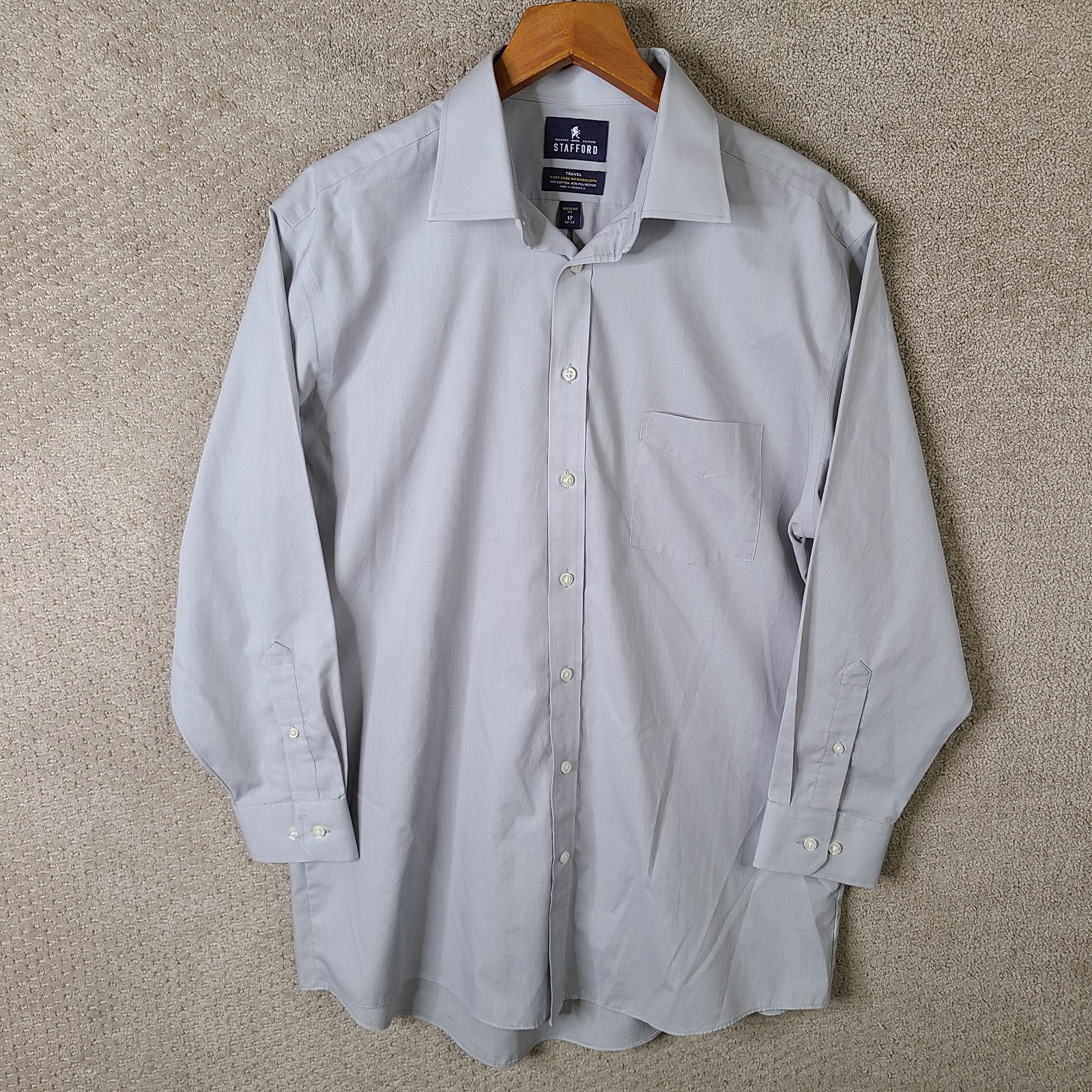 Stafford Shirt Mens 17 32-33 Gray Button Down Travel Easy Care Broadcloth