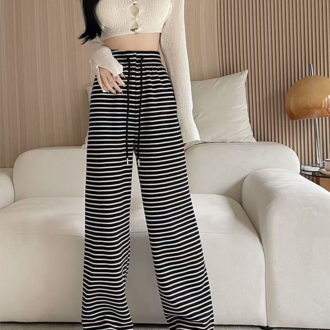 Black White Stripe Wide Leg Pants Elastic High Waist Drawstring Casual Trousers