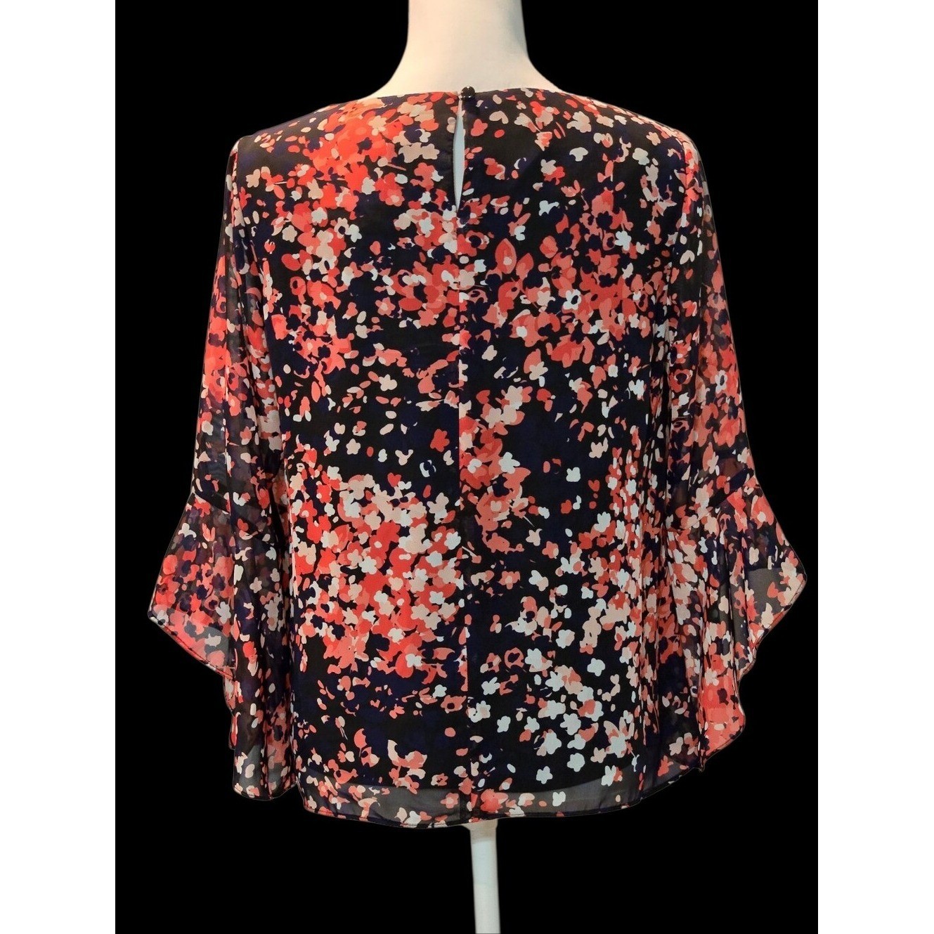 Kasper Black Blouse with Coral, Navy, and Cream Floral Print