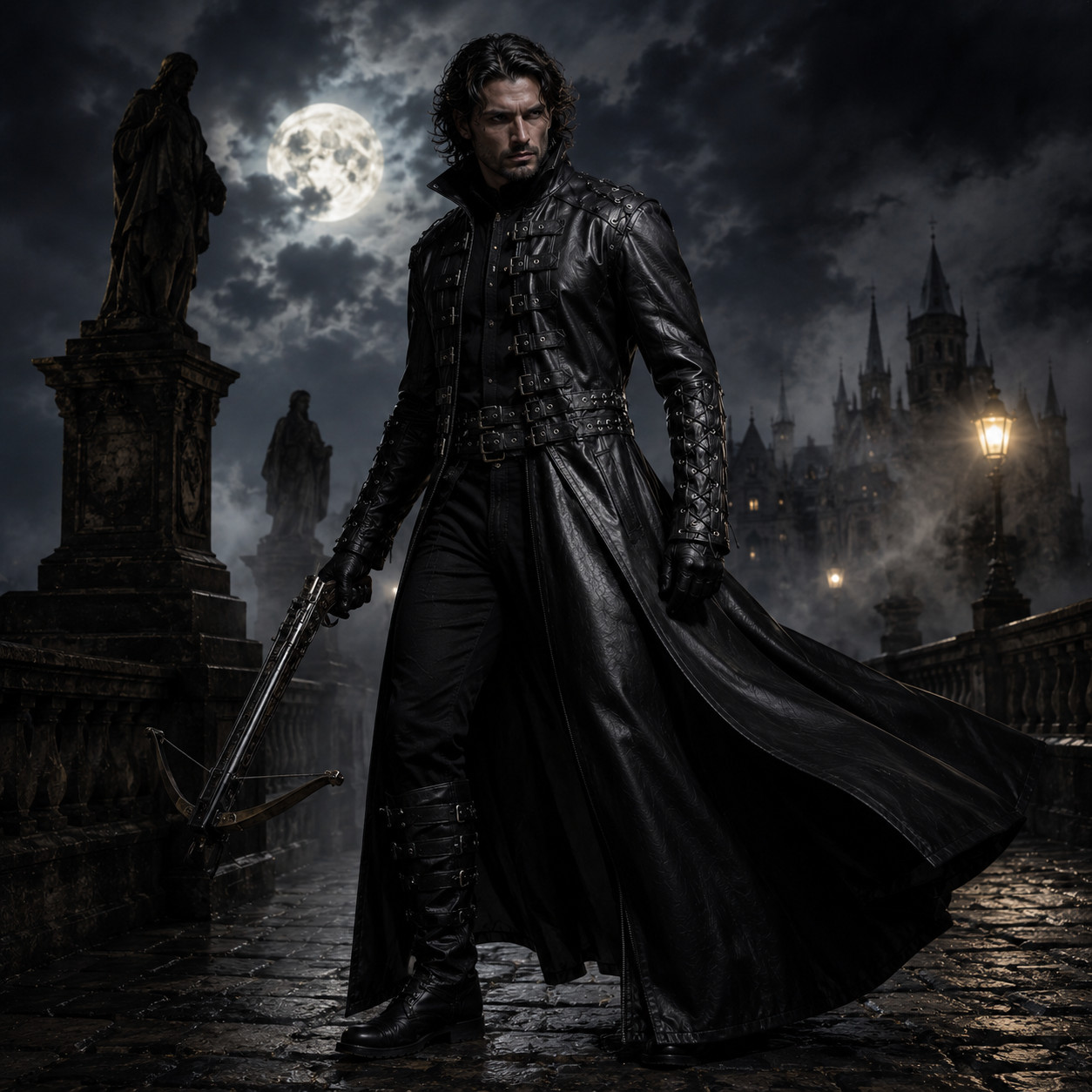 Mens Black Real Leather Gothic Trench Coat Steampunk Lace Up Sleeves Handmade