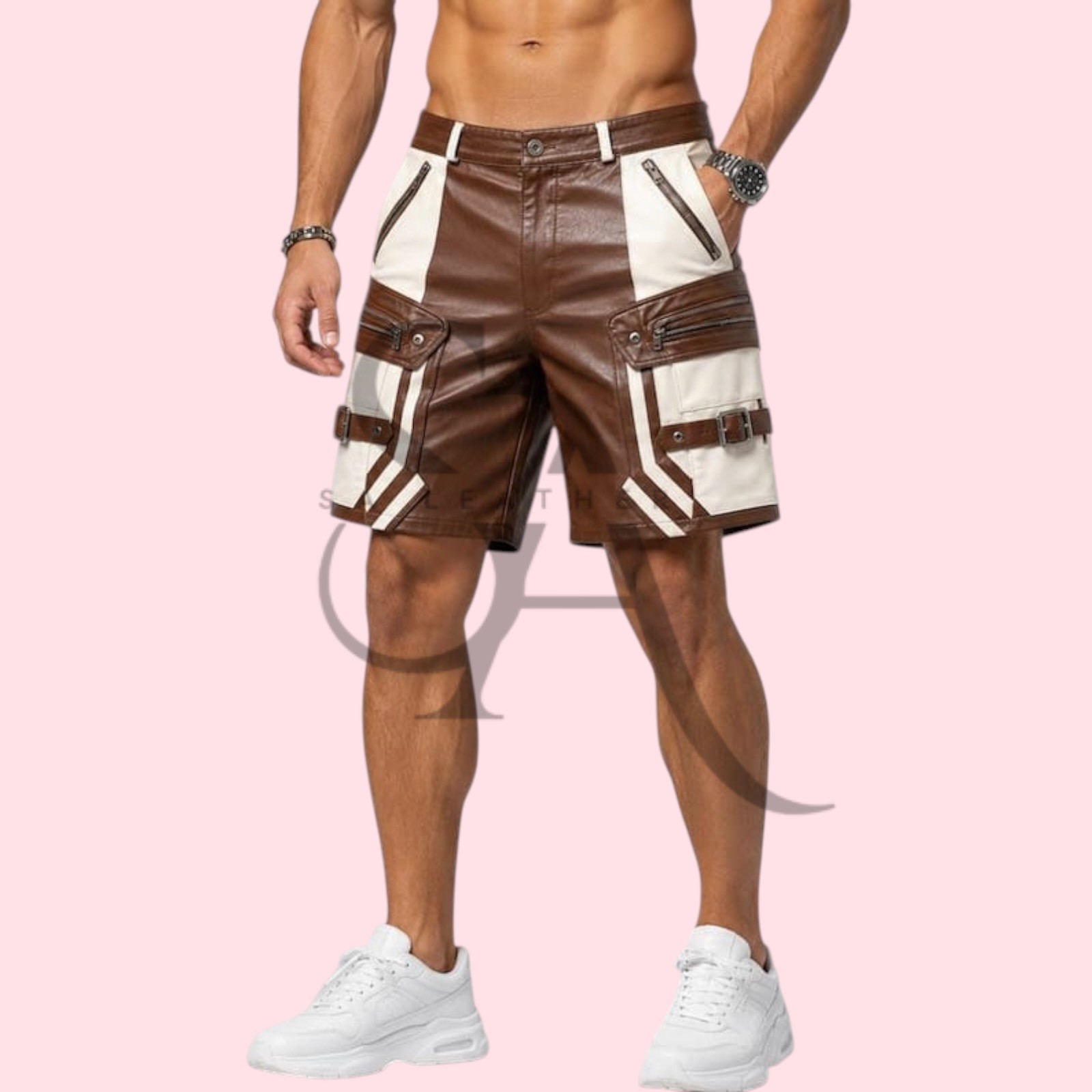 Men’s Brown & White Cowhide Leather Shorts Biker Utility Multi Pocket Shorts