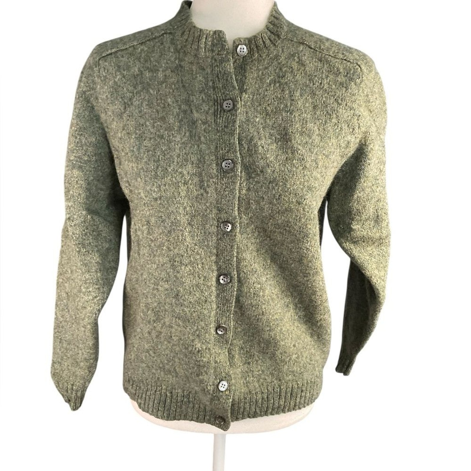 Northern Isles Green Variegated Knit Wool Crew Neck Button Front Cardigan Sz M
