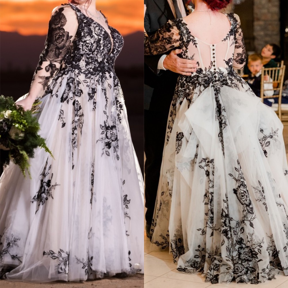 Plus Size Wedding Dresses Gothic Black White With Long Sleeve V Neck Bridal Gown