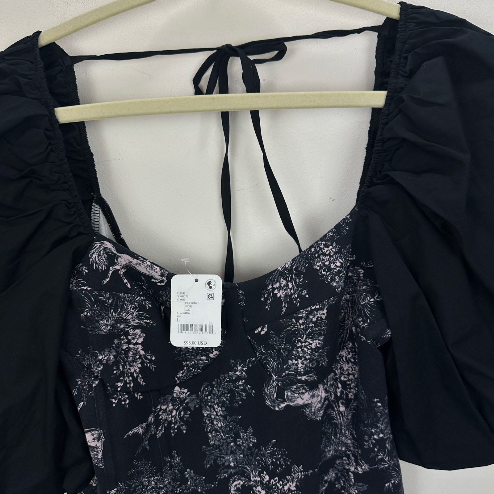 Free People Prarie Rose Puff Sleeve Bodysuit Black Coquette Romantic Large NWT