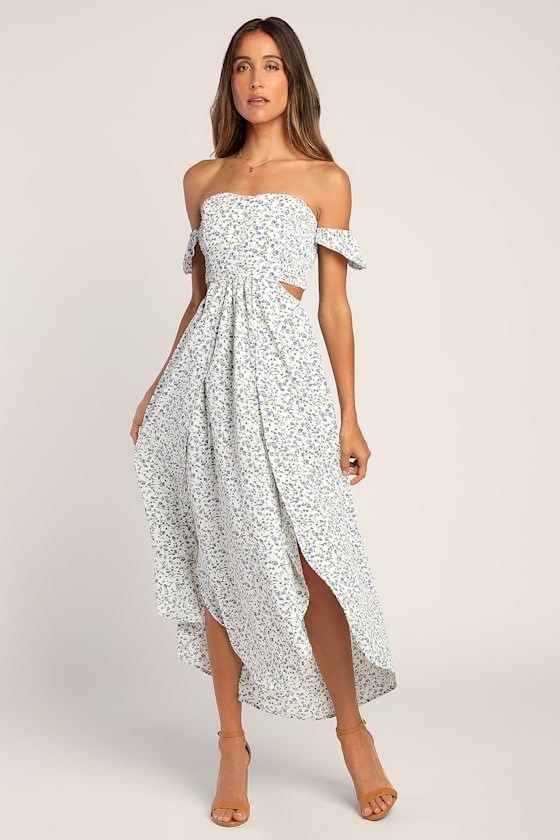 Lulus Midi Dress M White Blue Green Floral Off Shoulder Smocked High-Low