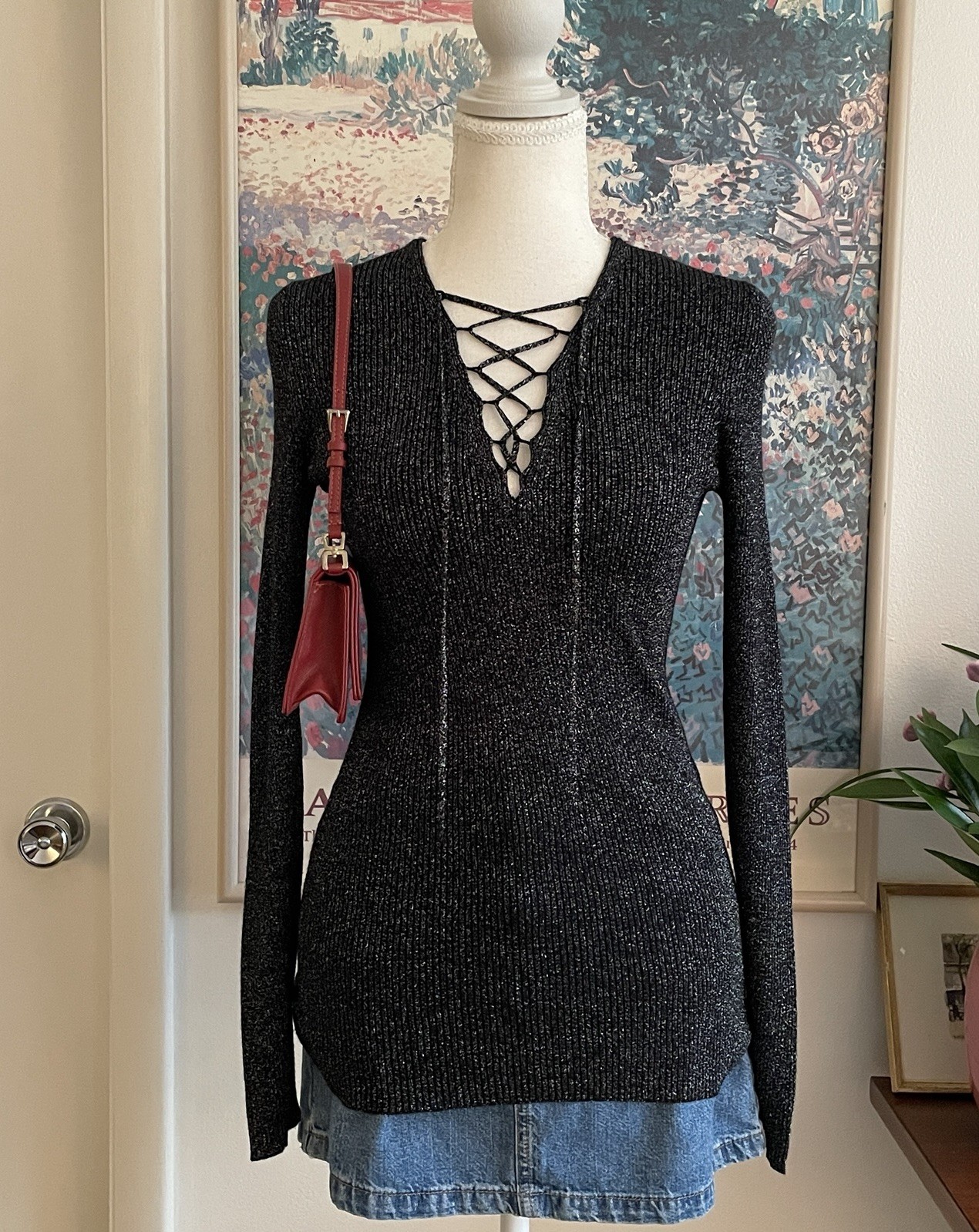 Sandro Paris Lace-Up Top Size XS/S Black Metallic Ribbed Knit Indie Sleaze Y2K