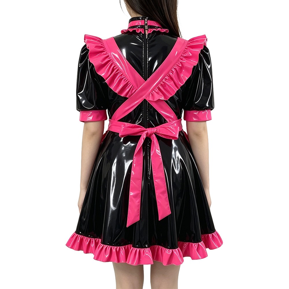 Shiny PVC Leather Anime Maid Uniforms Lockable Role Play Mini Pleated Maid Dress