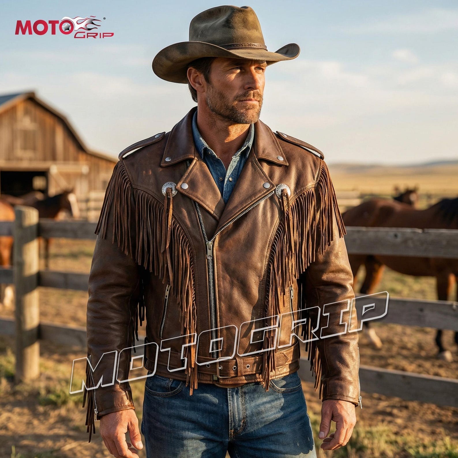 Men’s Brown Leather Fringe Jacket – Western Cowboy Biker Style – Vintage Tassel