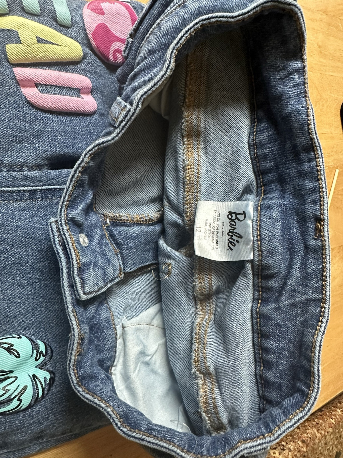 Barbie Big Girls Denim Jeans Size 12 Embellished Decal Patches Schoolcore Play