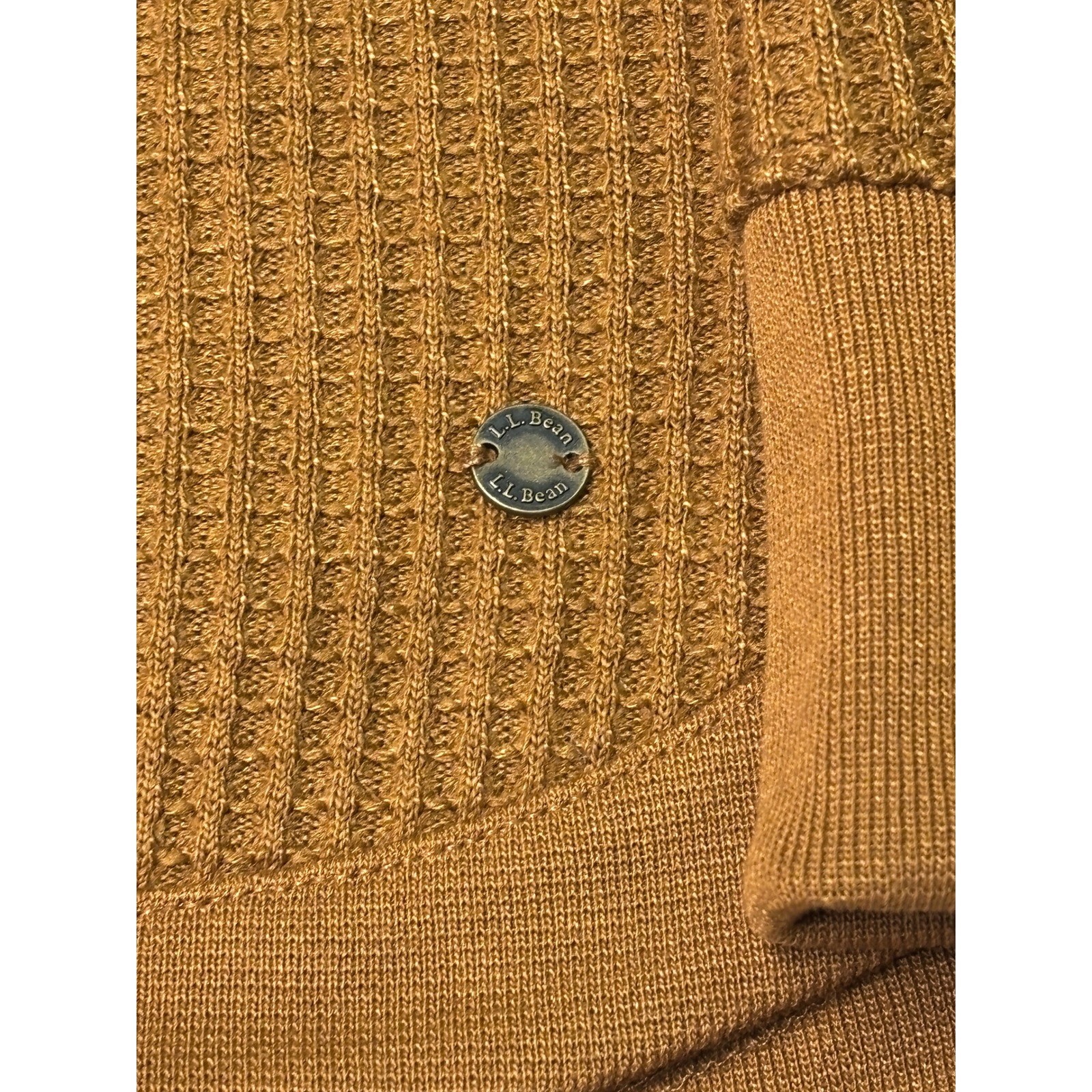 LL Bean Signature Waffle Knit Pullover Top Brown Thermal Long Sleeve L 511013