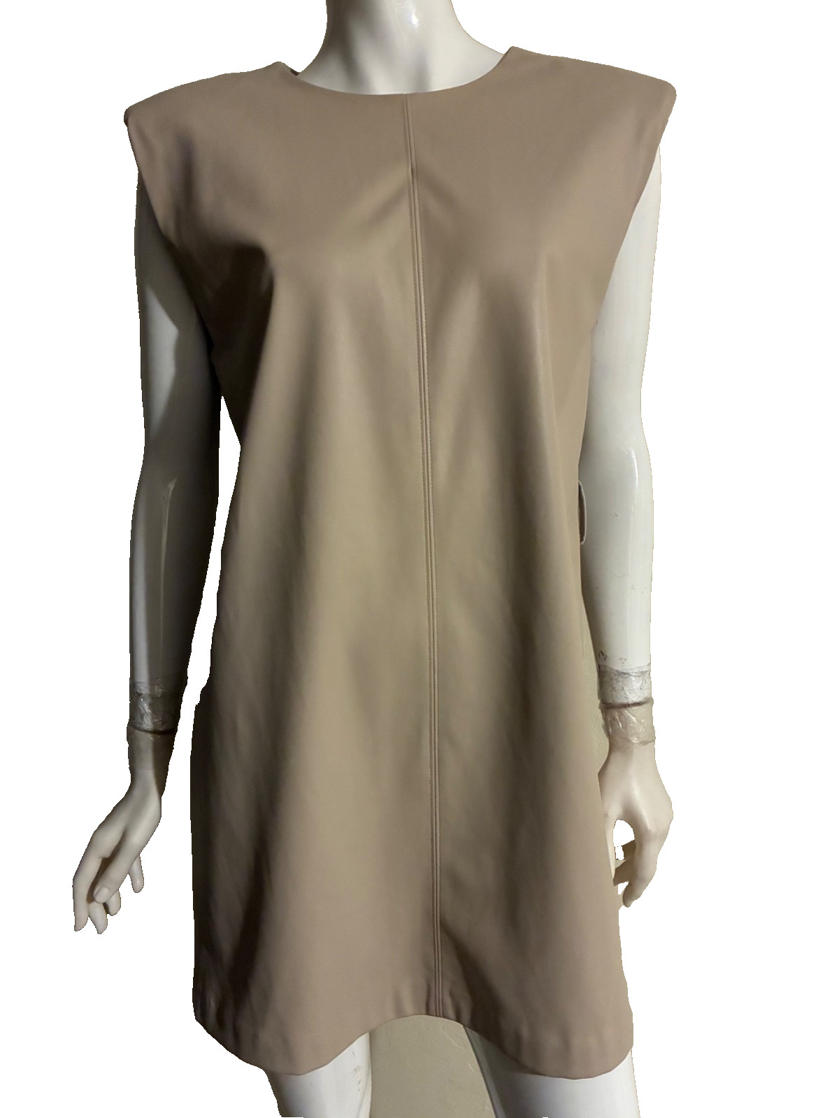 Zara all season mini dress shift faux leather shoulder pad sleeveless beigeS NEW