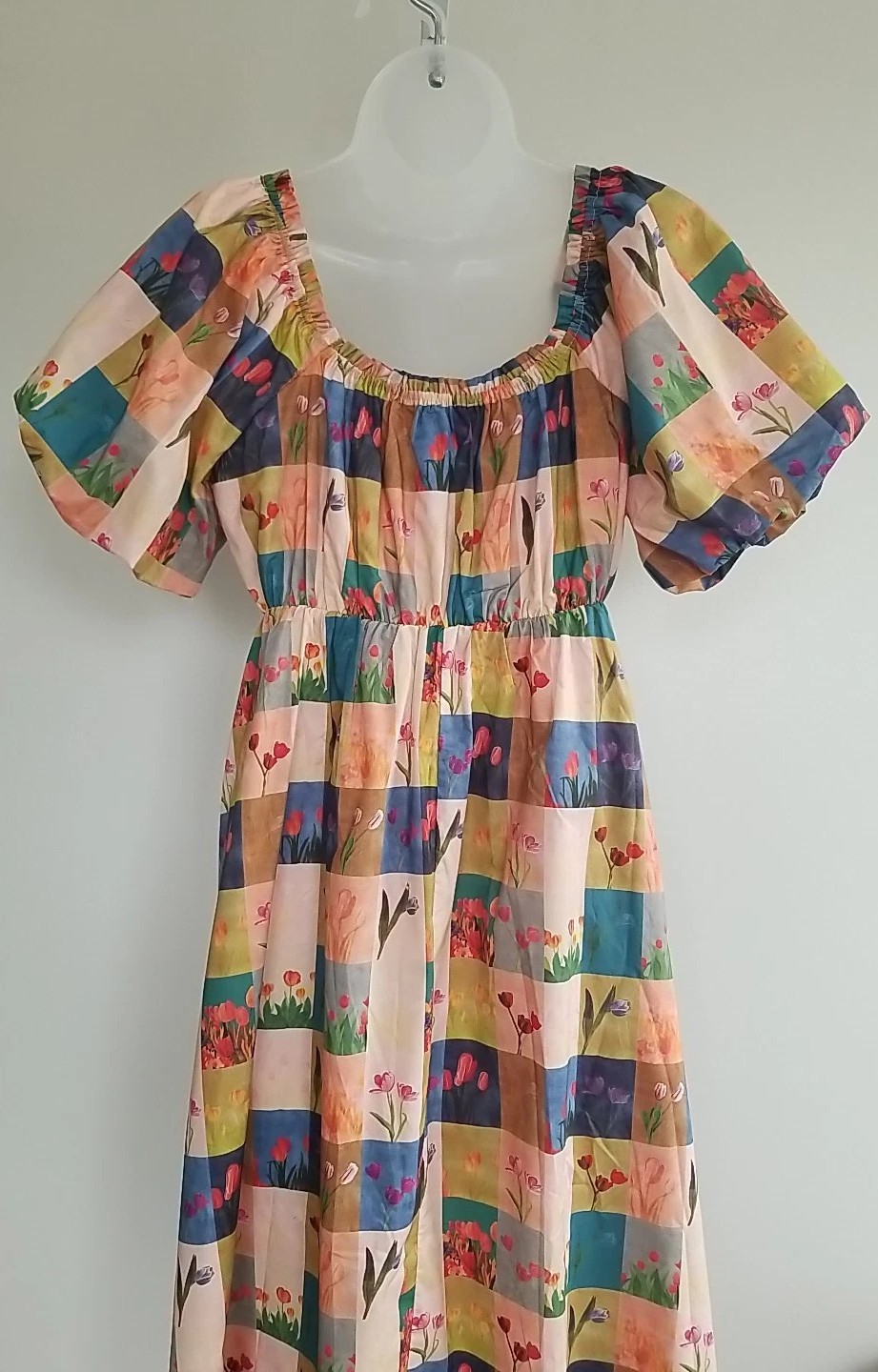 Davi & Dani Checkered Tulip Print Midi Dress NWT Spring Floral Beaded Tie Neck