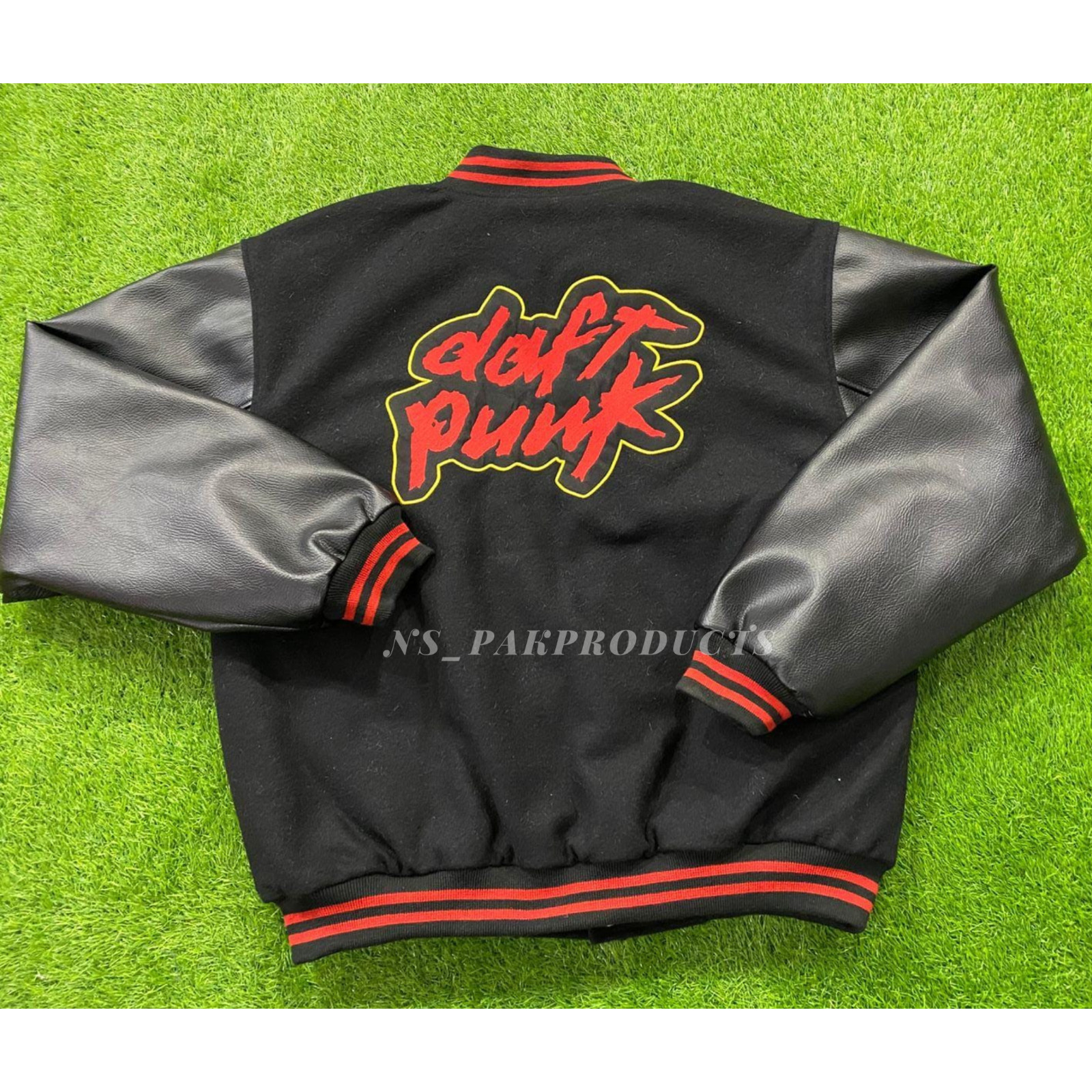 Letterman Daft Punk Jacket All Black Wool & Leather Sleeves Varsity Jacket