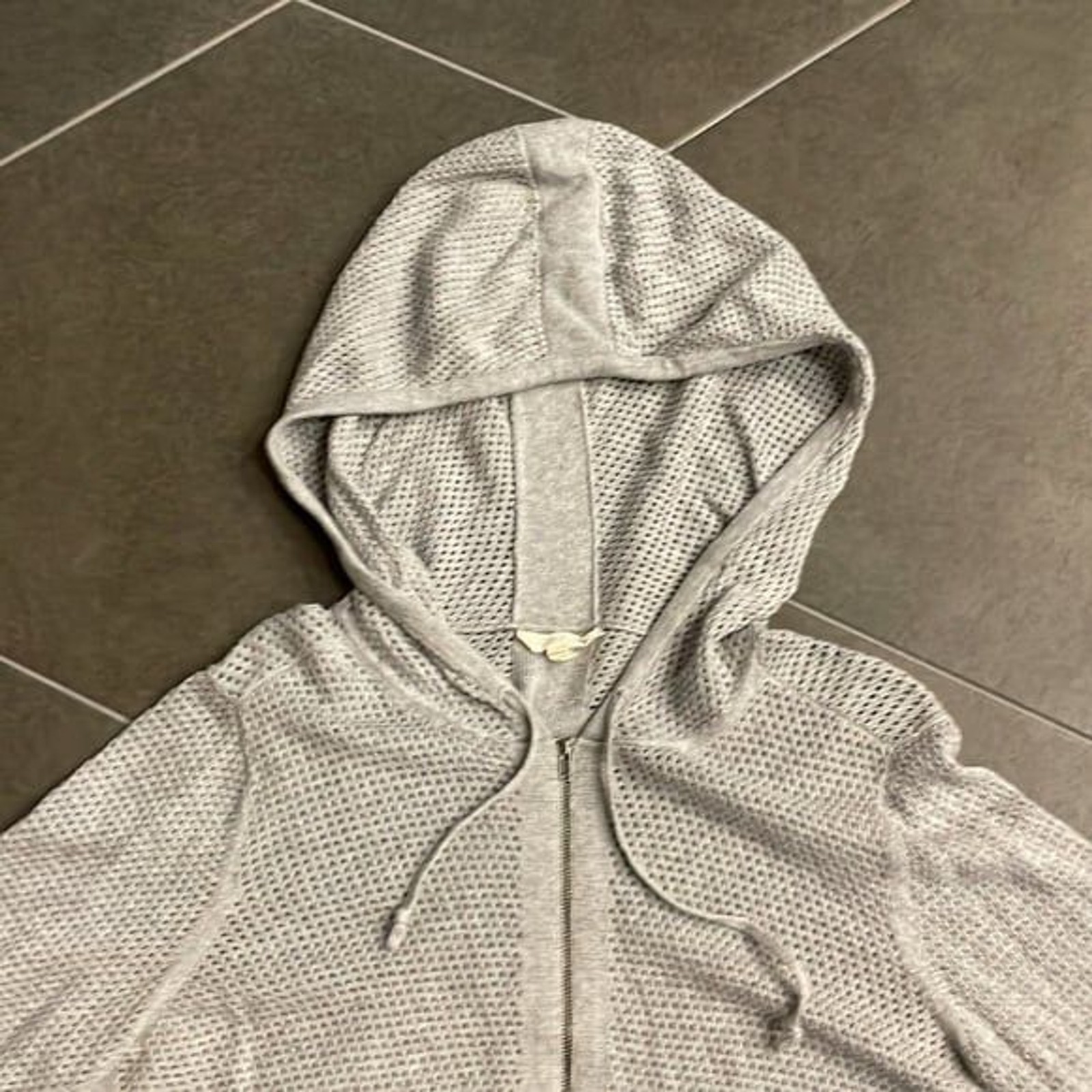 Eileen Fisher Gray Open Weave Hoodie Zip Front Sweater M