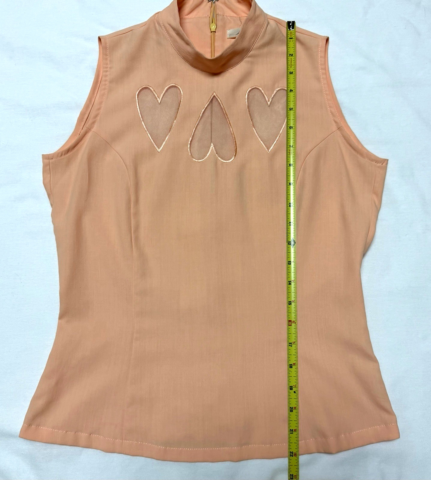 Vintage 90s Seize Sleeveless Mock Neck Top Salmon Pink Heart Cutout Sheer S Y2K