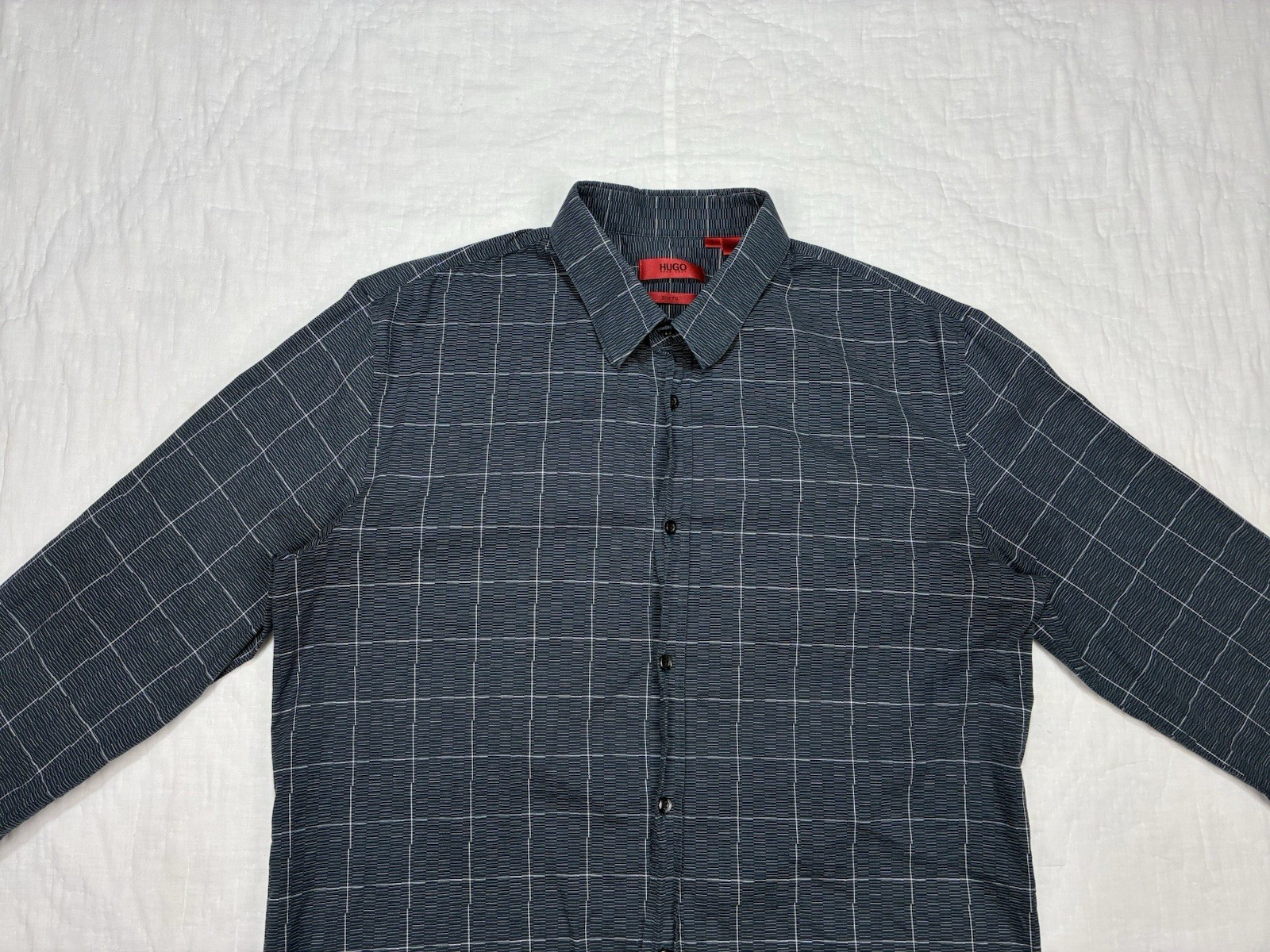 Hugo Boss Slim Fit Gray Geo Check Button Down Shirt Mens Large