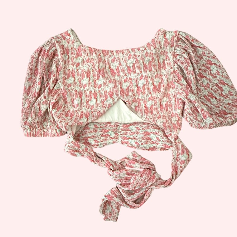 Lulus Pink Floral Puff Sleeve Wrap Crop Top Tie Waist V-Neck Size XS