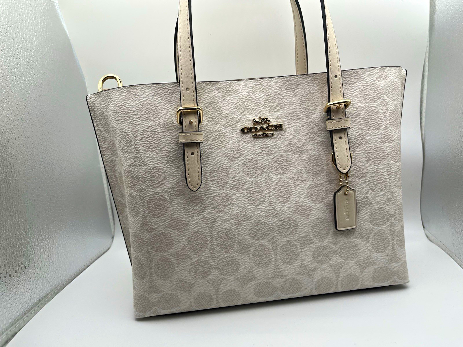 Coach Signature Mollie 25 Tote Zip Bag Ivory/White w/ Detachable Strap