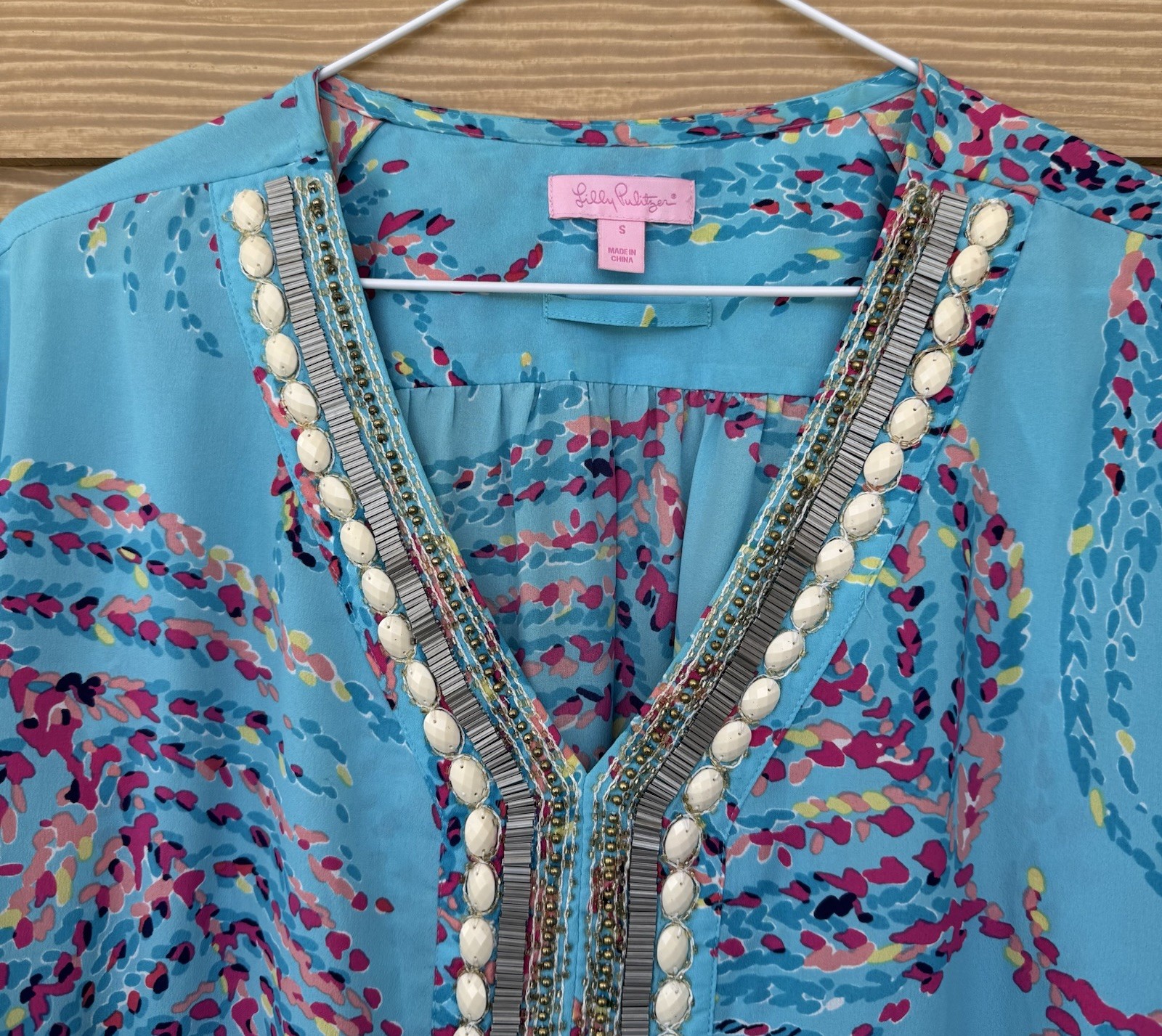 Lilly Pulitzer Wilda Bright Blue Beaded Neck Caftan Dress 238 Shorely Br G2U