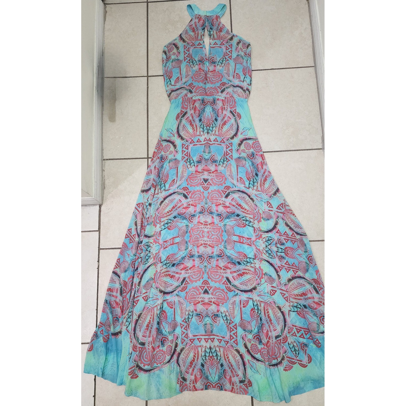 Tribal Print Halter Maxi Dress Turquoise Coral Geometric Keyhole Back Floor