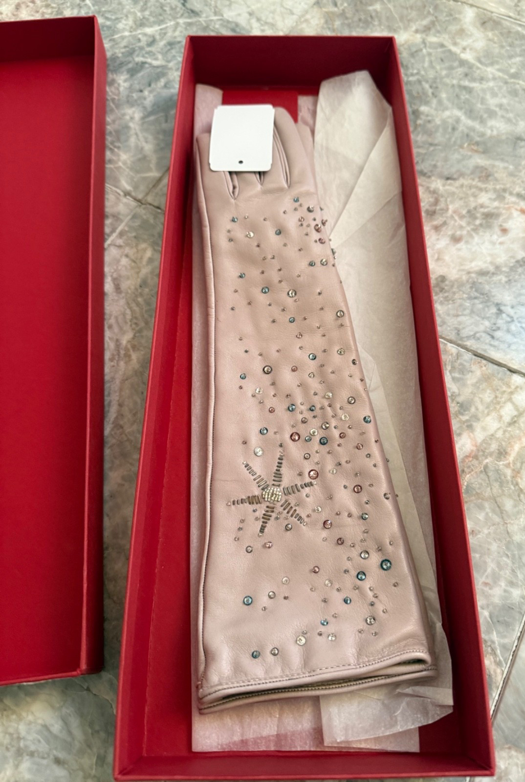 Valentino Garavani Lavender Leather Crystal beaded elbow gloves $945 NIB sz 6