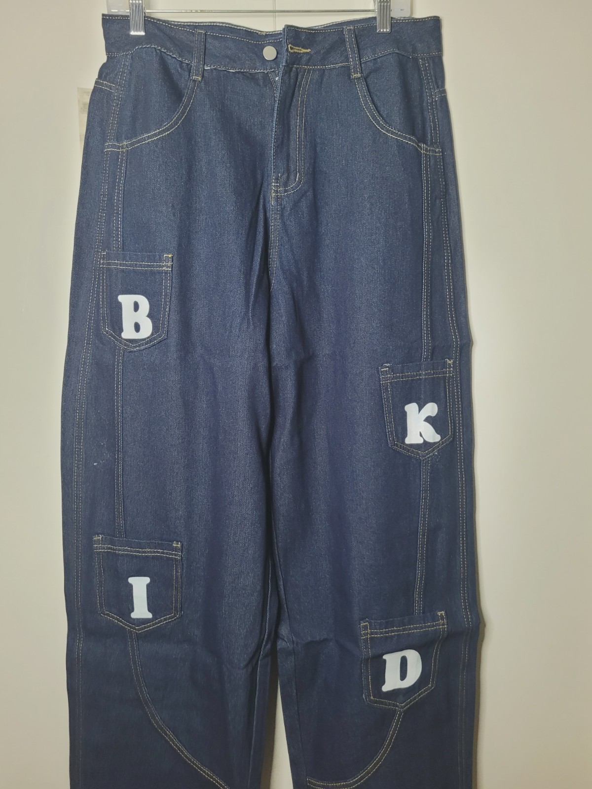 OOTD Women’s Blue Dark Wash Wide-Leg Denim Jeans, Size L, Pockets, Button