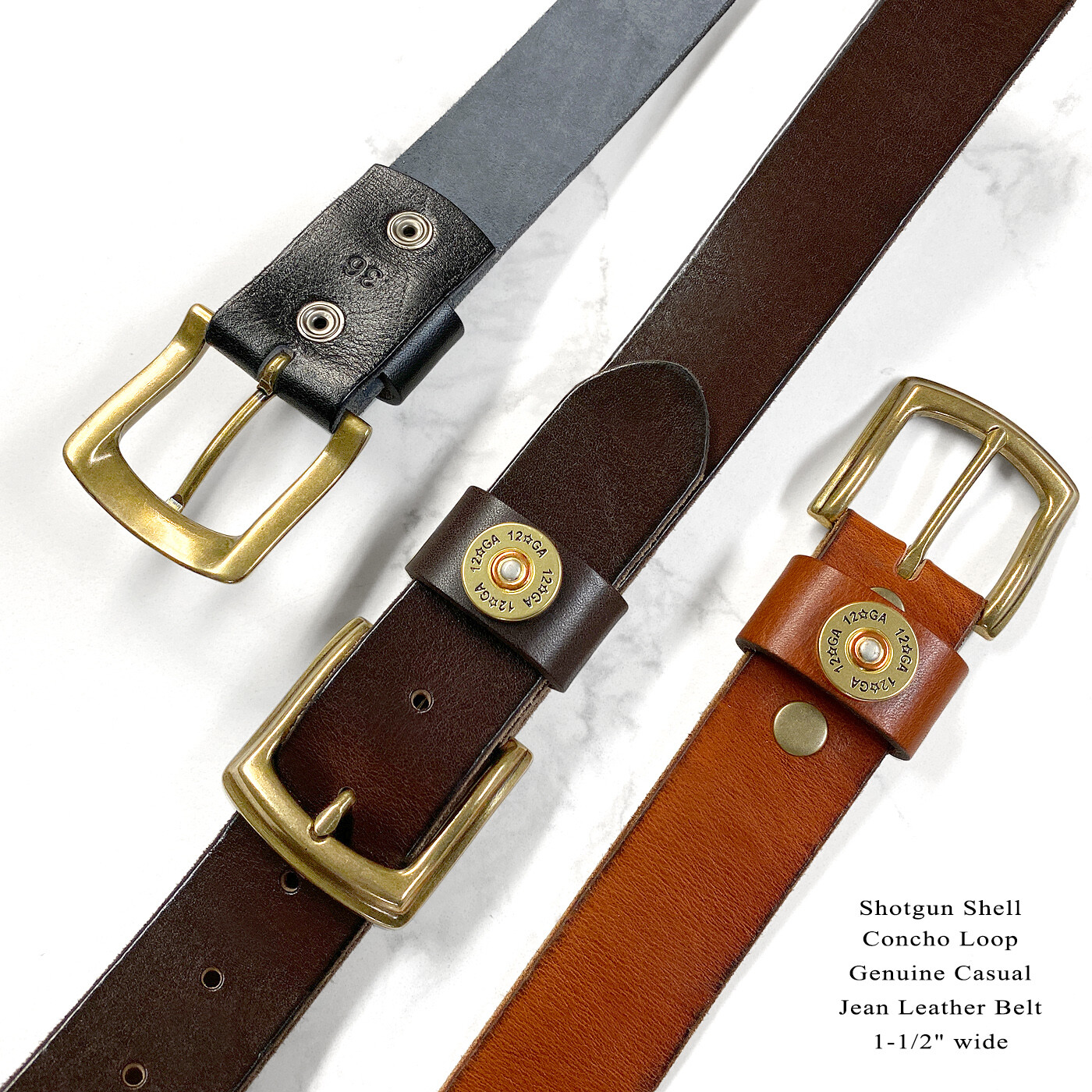 Shotgun Shell Concho Loop Genuine Casual Jean Leather Belt 1-1/2″(38mm) wide