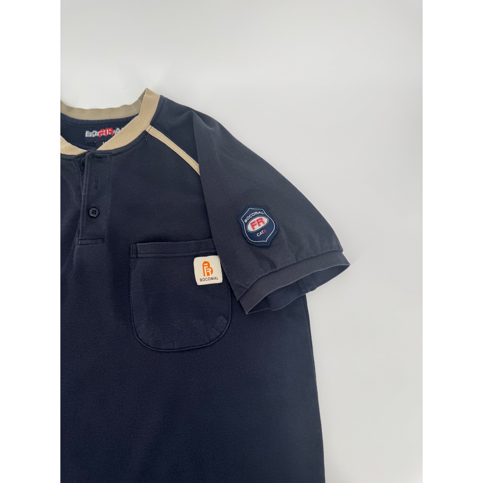 Bocomal FR Flame Resistant Henley Work Shirt Navy Blue Tan CAT 2 Mens Medium